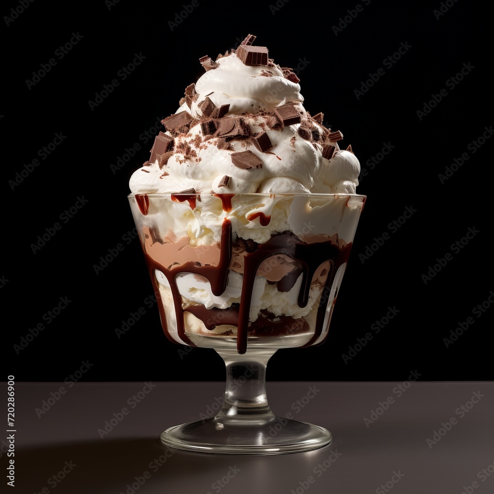 ice cream with chocolate sauce in a glass on a black background ice cream with chocolate sauce in a glass on a black background