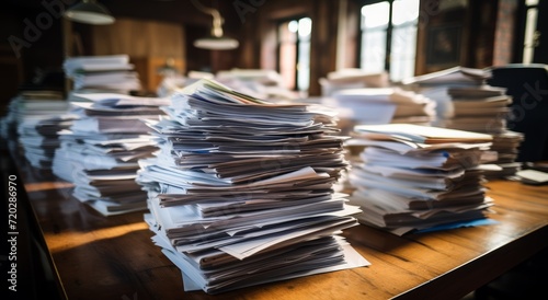 Neat stack of documents on desk, education paperwork image