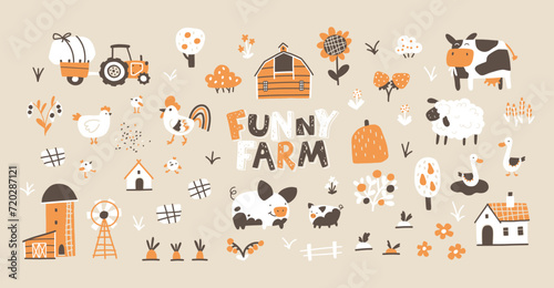 Farm cartoon collection. Vector hand-drawn characters of domestic animals, countryside, houses and sheds with tractor and garden. Trendy doodle Scandinavian style, beige gender neutral palette.