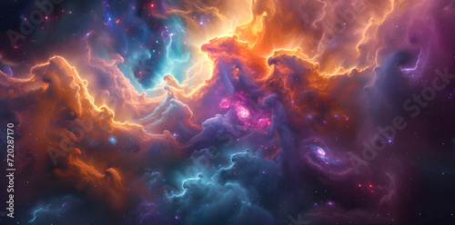 Colorful space galaxy cloud nebula with fluid organic forms in light crimson and light azure. This starry night cosmos supernova background wallpaper showcases a realistic fantasy artwork. photo
