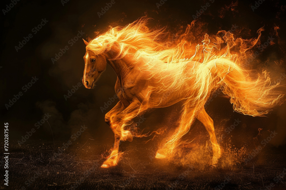 Fototapeta premium A majestic horse ignites the outdoors with its fiery mane, radiating heat and captivating all with its powerful mammalian presence