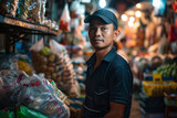 A solitary figure, adorned in a black hat and traditional clothing, stands amidst the bustling streets of a vibrant marketplace, selling his goods and embodying the essence of trade and human connect