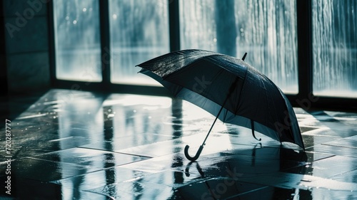 Black umbrella open on shiny wet surface, light reflections