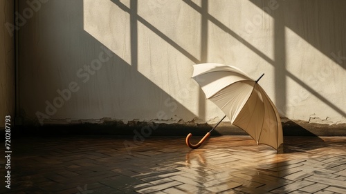 A lone white umbrella stands open against a sunlit wall with dramatic shadows