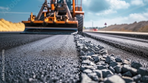 Precision Paving: Road Construction Excellence - A Paver Machine Laying Asphalt on a Newly Built Highway, Illustrating the Technology Behind Smooth Road Surfaces.