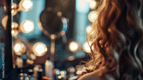 A blonde woman reflected in a makeup mirror, focus on hair