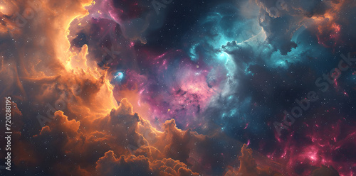Colorful space galaxy cloud nebula with fluid organic forms in light crimson and light azure. This starry night cosmos supernova background wallpaper showcases a realistic fantasy artwork. © jex