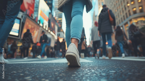 Busy Urban Street with People Walking in the City.