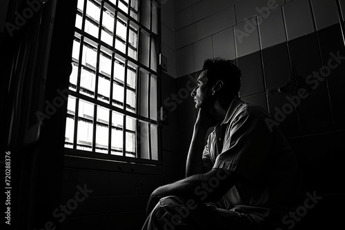 A solitary figure sits in the dimly lit room, his silhouette a stark contrast against the blackness of the window, lost in thought amidst the monochromatic surroundings