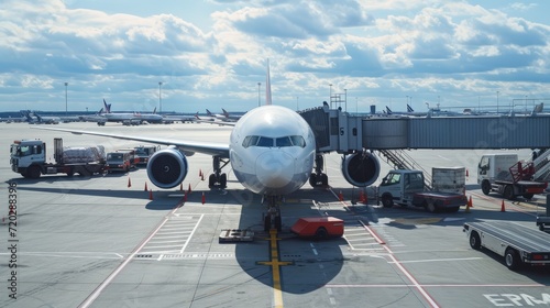 Ground Operations at Airport - A Wide-Angle Shot of Support Vehicles Surrounding an Airplane on the Tarmac, Illustrating Coordinated Efforts in Aircraft Preparation