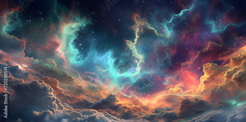 Colorful space galaxy cloud nebula with fluid organic forms in light crimson and light azure. This starry night cosmos supernova background wallpaper showcases a realistic fantasy artwork.