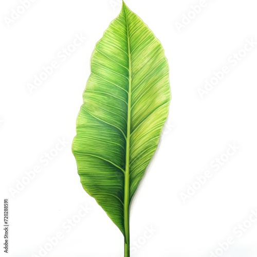 A single green leaf stands out against a clean white background.