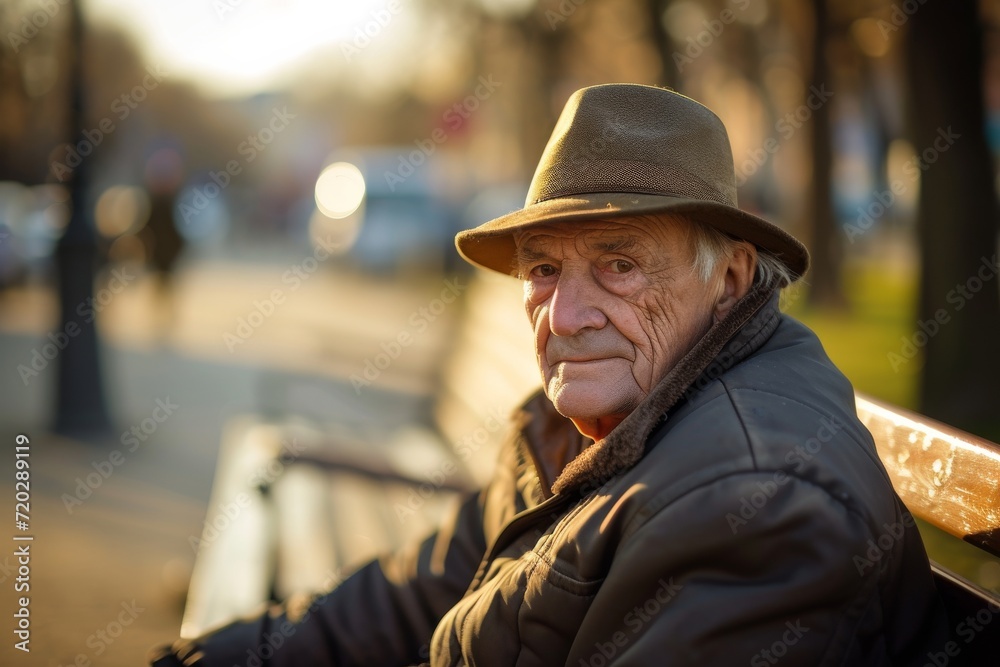 An elderly man, adorned in a fashionable fedora and sun hat, sits peacefully on a city bench, his weathered face and unique headdress capturing the essence of street style and timeless fashion