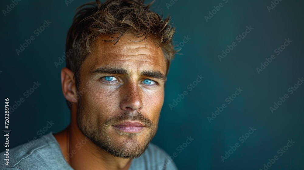 Obraz premium Stylish Man in Casual Tee Posing on Dark Turquoise Background Generative AI