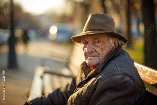 An elderly man, adorned in a fashionable fedora and sun hat, sits peacefully on a city bench, his weathered face and unique headdress capturing the essence of street style and timeless fashion