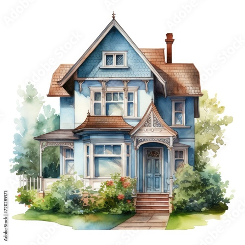A watercolor painting displaying a blue house with precise brushstrokes and vibrant colors.