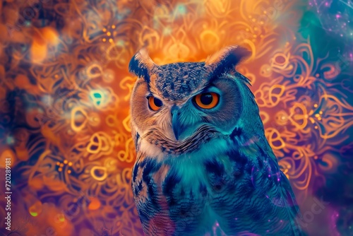 An elusive screech owl with vibrant orange eyes perches in the midst of the wilderness, its majestic presence evoking a sense of wonder and mystery © ChaoticMind