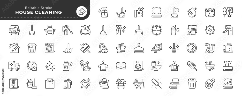 Set of line icons in linear style. Series - Home cleaning.Clean up the house. Washing floors, windows, dishes, clothes and linen.Sweeping the floor and wiping dust. Outline icon collection. Pictogram - obrazy, fototapety, plakaty 