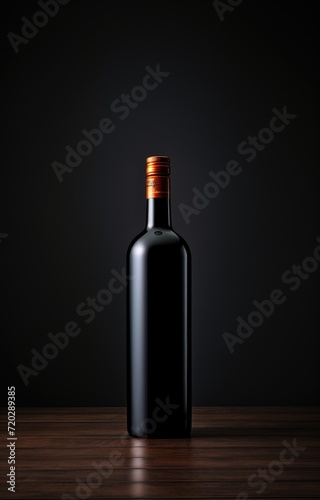 A bottle of red wine is placed on top of a wooden table, creating a simple and rustic scene.