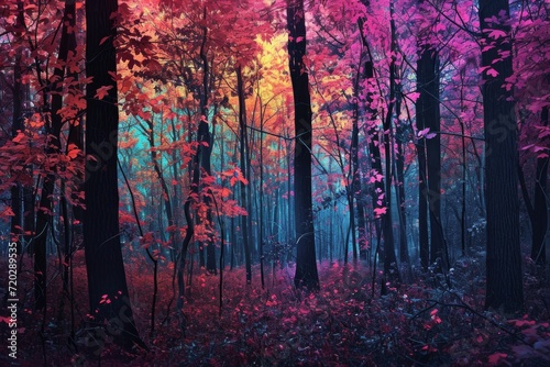 A vibrant painting captures the majestic essence of a deciduous woodland in full autumn bloom, where the colorful leaves of the trees dance in the crisp fall air