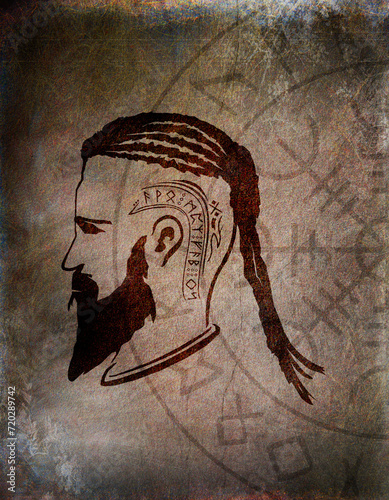 Wikinger Gesicht im Profil - Kult - Grunge Texturen - Nordische Mythogologie mit Runen photo