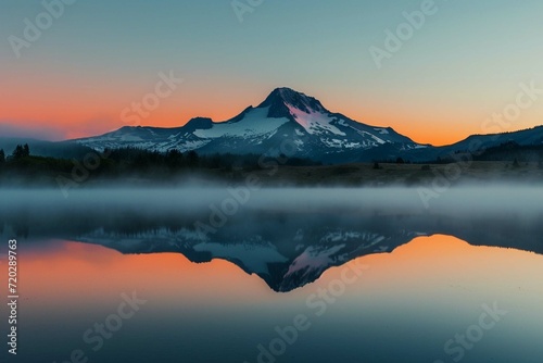 An amazing sunrise show over South Sister Peak reflected in the cool, misty waters of Oregon's Sparks Lake, in the Three Sisters photo