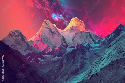 A breathtaking landscape of majestic mountains, adorned with vibrant colors in the sky, showcasing the rugged beauty of nature and the tranquil summit of a towering volcano in the distance