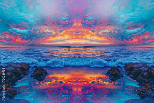 A breathtaking sunset painting captures the vibrant hues of a cloud-streaked sky above a tranquil ocean reef, evoking a sense of natural beauty and artistic wonder © ChaoticMind