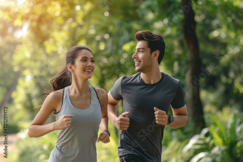 Cheerful active couple jogging in public park together having fun lifestyle