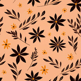 Flowers, leaves and plants pattern in peach fuzz color.Pencil, hand drawn botanical seamless pattern