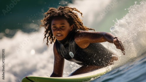 a black girl surfing in the sea take by professional photographer a great day in the stoke photo