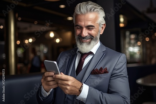 A professional man wearing a suit is focused on his smartphone.