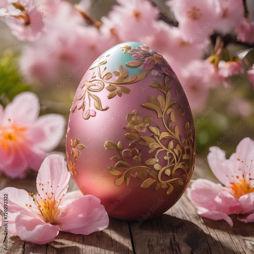 Easter eggs in nest with pink sakura flowers on wooden background Easter eggs in nest with pink sakura flowers on wooden background