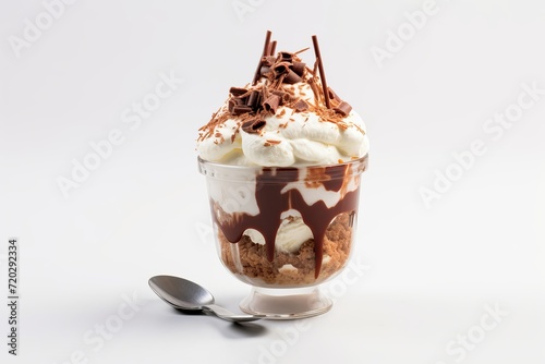 layers sundae of chocolate ice cream with chocolate on a white background with spon  photo