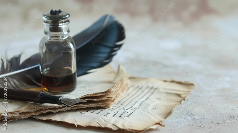 Old-fashioned quill pen and inkwell on a weathered manuscript