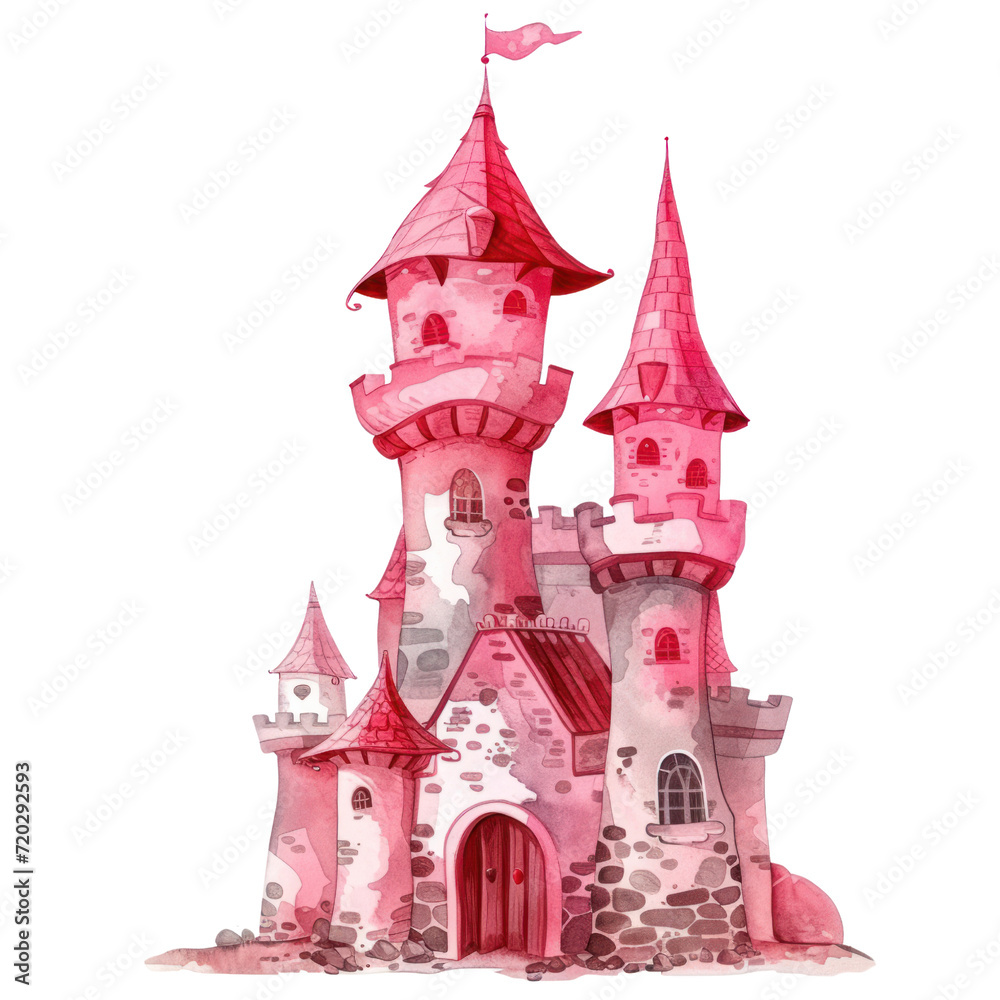 Watercolor illustration of red medieval castle isolated on background. Nursery art clipart, PNG Transparent background