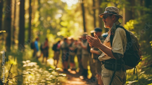 Senior guide leading a group hike in the woods