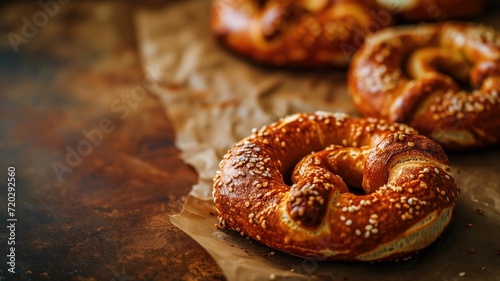 Delicious golden-brown pretzels with sesame seeds on baking paper