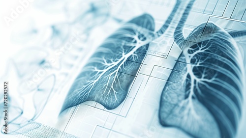 Digital render of human lungs with bronchial tree on a grid background photo