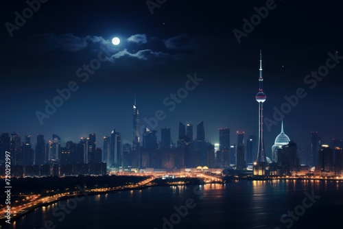Urban skyline and moon at night with stars