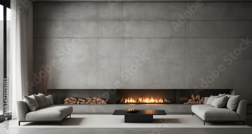 Gray sofa next to the fireplace against the background of a concrete wall. Minimalist interior design for modern living room.