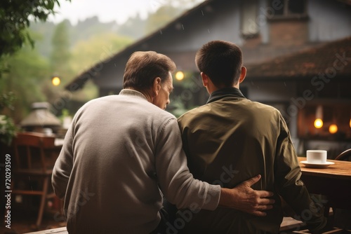 Rear view of son and elderly father sitting together at home.  © thawats