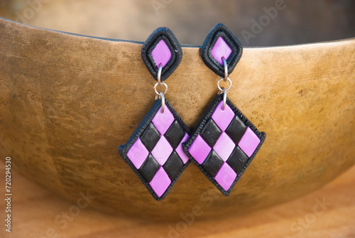 Black lilac earrings with chess pattern of polymer clay. Unique jewelry.