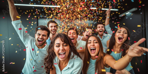 Joyful diverse group of friends or colleagues celebrating with confetti, cheering and laughing together in a festive atmosphere at a party or successful corporate event