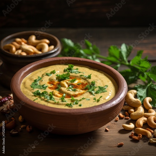 creamy cashew curry in a bowl with cashews and parsley on a wooden background