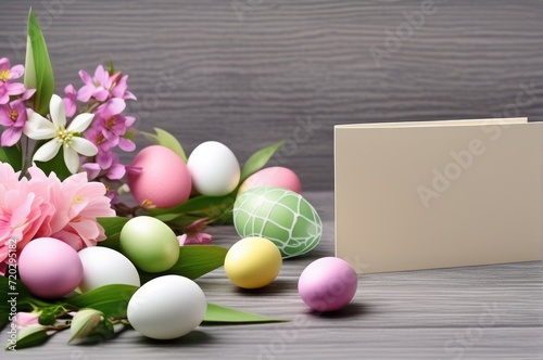 Easter Concept with Blank Card and Decorative Eggs