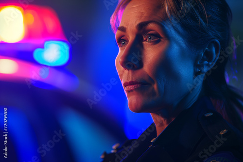 Mulher policial de meia idade com luzes de sirene ao fundo  photo