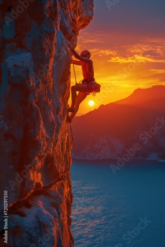 a rock climber silhouetted against a sunset sky. The climber is captured in a dynamic pose, 