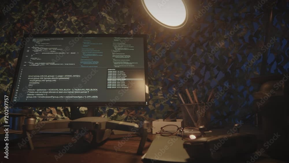 No people low key shot of sophisticated program codes on computer displays at desk in dark military control and surveillance center