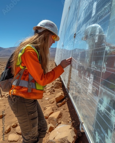 An engineer reviews structural blueprints against the real-life array at the edge of an expansive desert solar installation